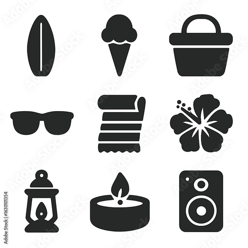 Summer Essentials Icons. Solid, filled icons set of summer accents: surfboard, ice cream cone, picnic basket,