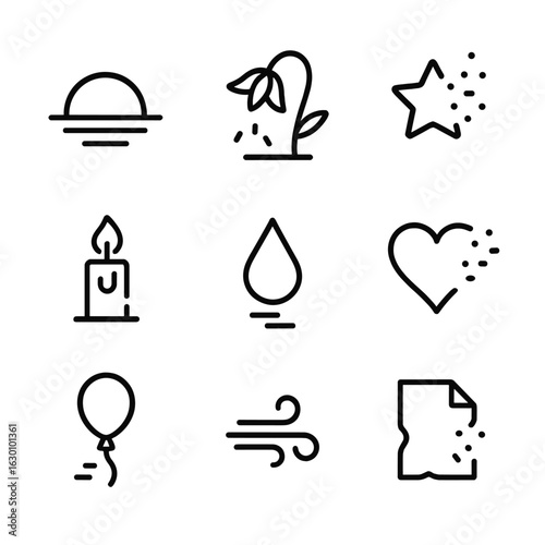 Fade Away Icons. Outline icon set of fade away: sunset, wilting flower, vanishing star, melting candle, dropping tear, fading