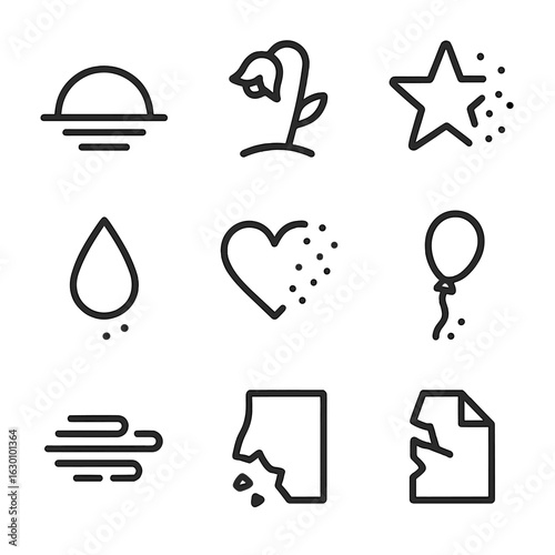 Fade Away Icons. Outline icon set of fade away: sunset, wilting flower, vanishing star, melting candle, dropping tear, fading