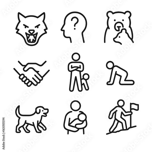 Primal Instinct Icon Set. Outline icon set of primal instincts: aggression, curiosity, protection, bonding, dominance, submission,
