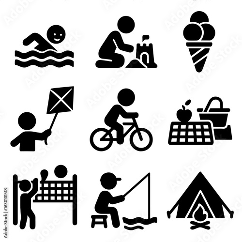 Summer Fun Icons. Solid, filled icons set of summer activities for kids: swimming, building sandcastle, ice