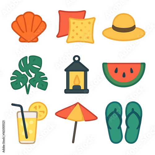 Summer Home Décor Icons. Solid, filled icons set of summer home décor: beach shell, bright throw pillows,