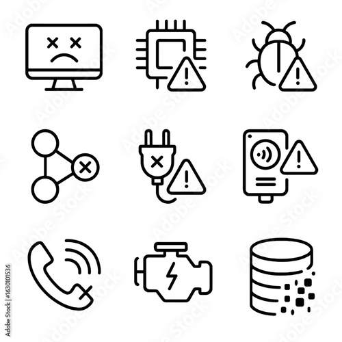 Failure Icons Grid. Outline icon set of failure types: system crash, hardware malfunction, software bug, network outage, power