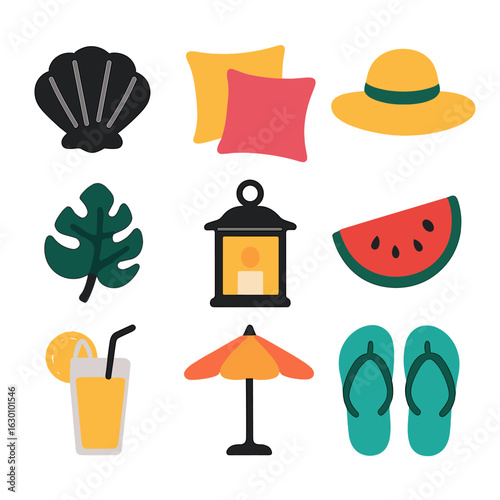 Summer Home Décor Icons. Solid, filled icons set of summer home décor: beach shell, bright throw pillows,