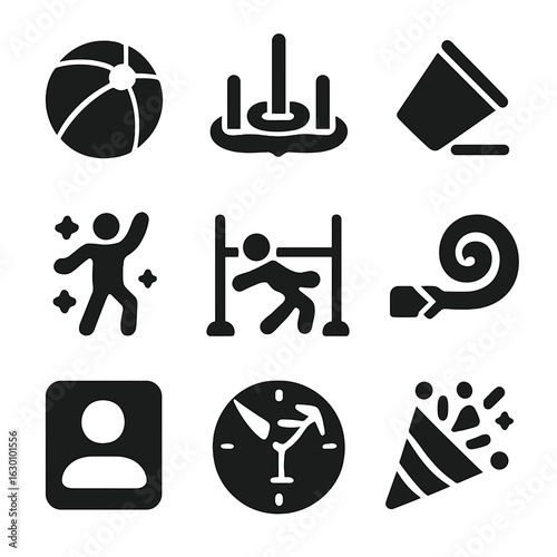 Summer Party Icons. Solid, filled icons set of summer party games and fun: beach ball, ring toss, flip cup,