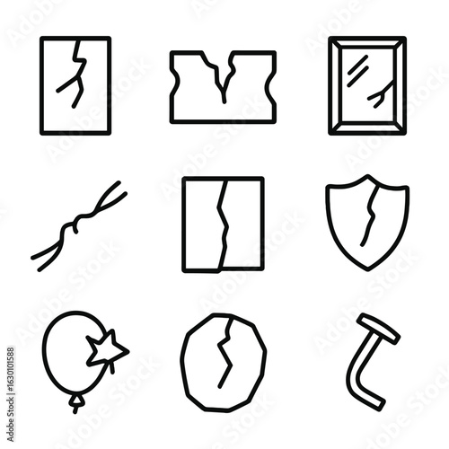 Icon Set of Failures. Outline icon set of failure point: broken glass, cracked earth, shattered mirror, snapped wire, torn paper,