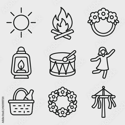 Summer Solstice Icons. Outline icon set of summer solstice celebrations: sun, bonfire, flower crown, maypole,