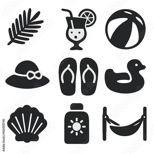 Summer Icon Set. Solid, filled icons set of summer-themed decorations: palm leaf, tropical drink, beach ball,