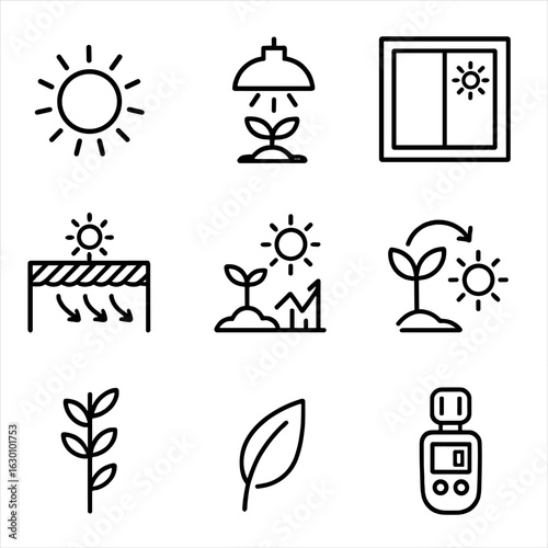 Sunlight and Growth Icons. Outline icon set of sunlight and plant growth: sun, grow light, window, shade cloth