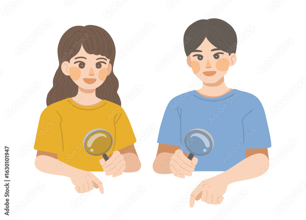 Obraz premium 虫眼鏡で確認をする男性と女性のイラスト