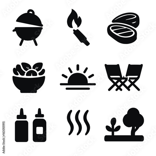 Sunset BBQ Icons. Solid, filled icons set of sunset barbecue scene: grill lid, flame torch, meat slices, salad