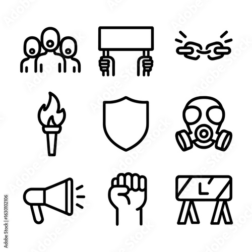 Protest Icon Set. Outline icon set of uprising scenes: crowd shouting, protest banner, broken chains, torch flame, shield, gas