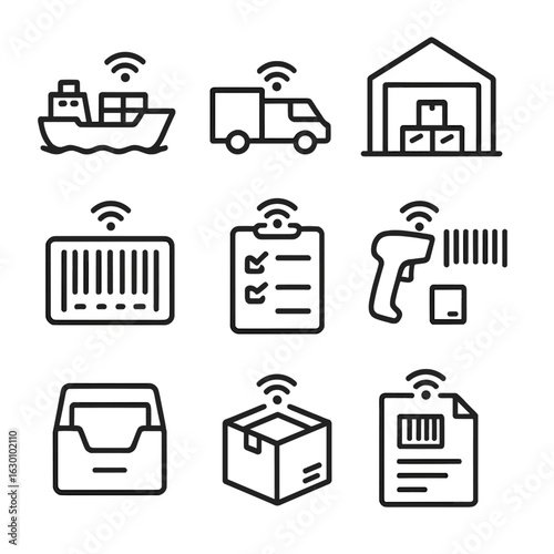 Supply Chain Icons. Outline icon set of supply chain monitoring: cargo ship, truck, warehouse, barcode,