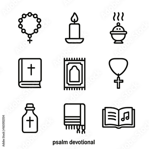 Psalm Devotional Icons. Outline icon set of psalm devotional items: rosary, candle, incense, bible, prayer mat, cross necklace,