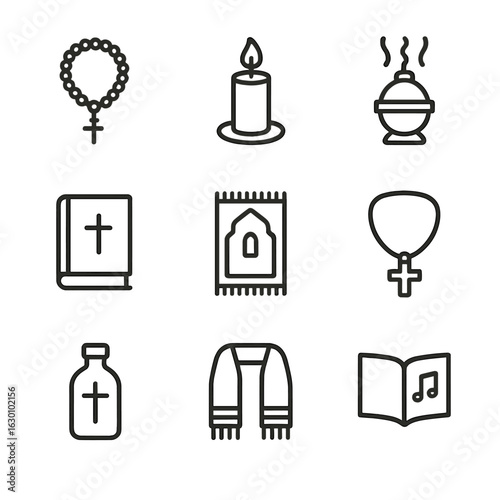 Psalm Devotional Icons. Outline icon set of psalm devotional items: rosary, candle, incense, bible, prayer mat, cross necklace,