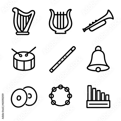 Psalm Instrument Icons. Outline icon set of psalm instruments in worship: harp, lyre, trumpet, drum, flute, bell, cymbals,