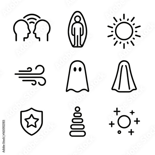 Psychic Icon Set. Outline icon set of psychic and supernatural forces: telepathy waves, aura, energy ball, spirit wind, ghost