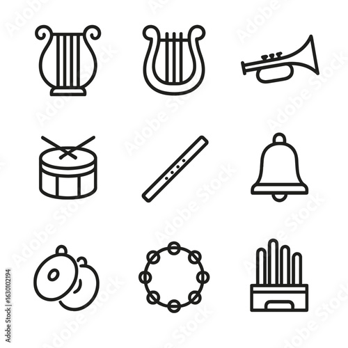 Psalm Instrument Icons. Outline icon set of psalm instruments in worship: harp, lyre, trumpet, drum, flute, bell, cymbals,