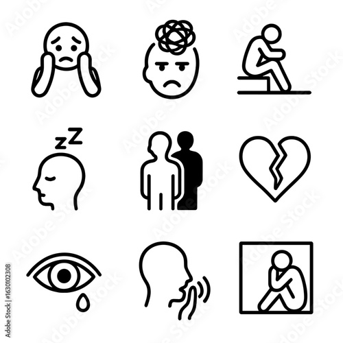 Psychological Darkness Icons. Outline icon set of psychological darkness: fear, anxiety, despair, insomnia, shadow self, broken