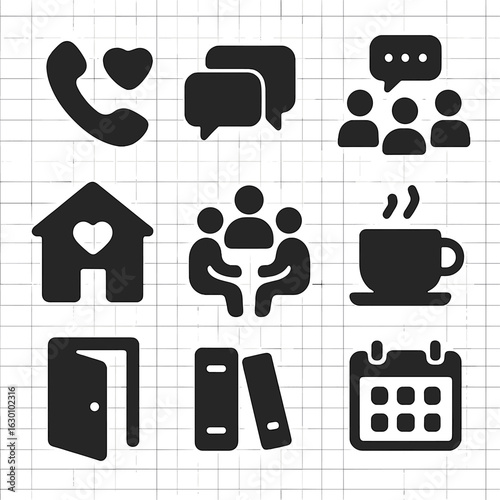 Support Network Icons. Solid, filled icons set of support networks: phone hotline, chat bubbles, group