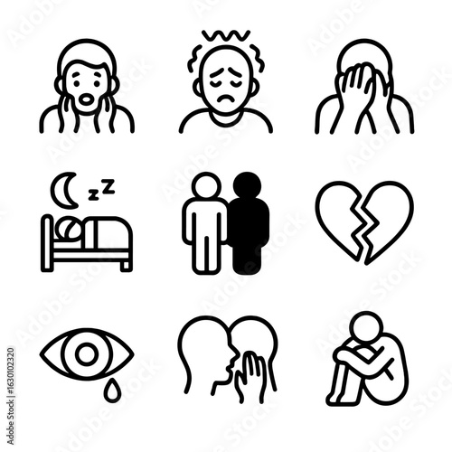Psychological Darkness Icons. Outline icon set of psychological darkness: fear, anxiety, despair, insomnia, shadow self, broken