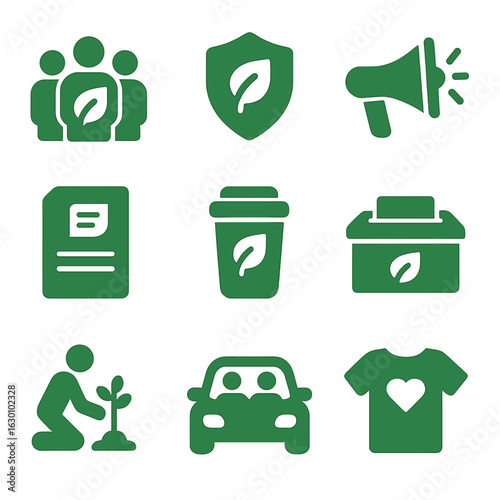 Sustainability Engagement Icons. Solid, filled icons set of employee sustainability engagement: green team