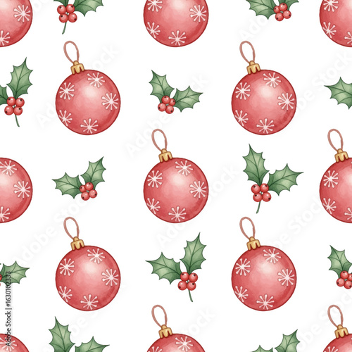 Red Christmas baubles and sprigs of holly with berries seamless and festive vector pattern.