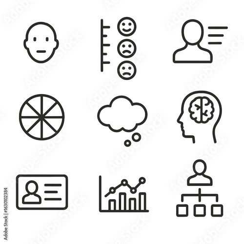 Psychological Profiling Icons. Outline icon set of psychological profiling: face outline, mood chart, personality traits, brain