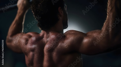 Muscular athlete performing controlled pull ups in dramatic lighting