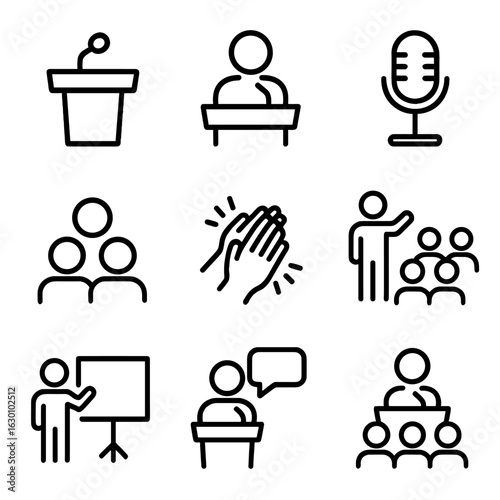 Public Speaking Icons. Outline icon set of voice in public speaking: podium, speaker, microphone, audience, applause, lecture,
