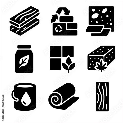 Sustainable Building Icons. Solid, filled icons set of sustainable building materials: reclaimed wood,