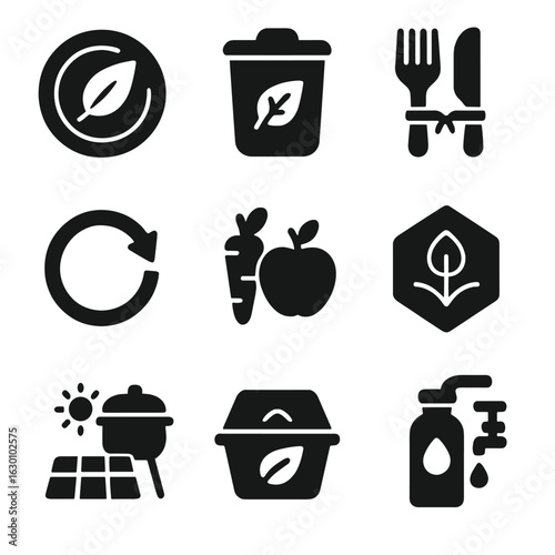 Sustainable Dining Icons. Solid, filled icons set of sustainable dining experiences: plant-based dish, compost