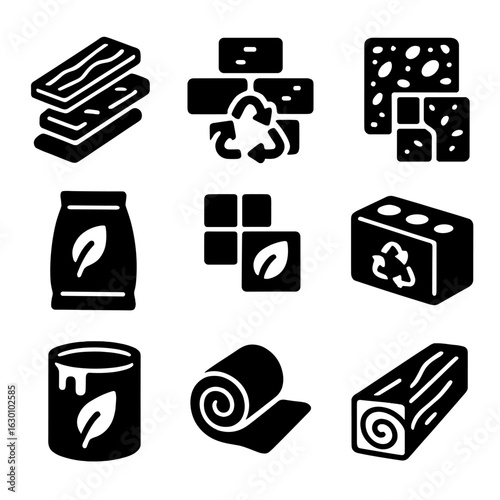 Sustainable Building Icons. Solid, filled icons set of sustainable building materials: reclaimed wood,