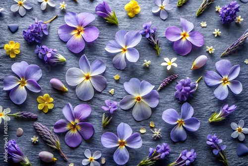 A beautiful arrangement of various purple, blue, and yellow flowers with green leaves scattered on a textured surface