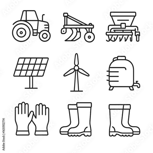 Sustainable Farm Equipment Icons. Outline icon set of sustainable farm equipment: tractor, plow, seed drill,