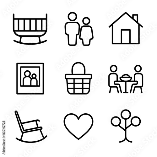 Family Devotion Icons. Outline icon set of devotion in family: baby cradle, family silhouette, home, photo frame, picnic basket,