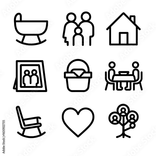 Family Devotion Icons. Outline icon set of devotion in family: baby cradle, family silhouette, home, photo frame, picnic basket,