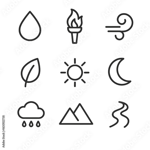Purification Elements Icons. Outline icon set of purification elements: water droplet, fire torch, wind swirl, earth leaf, sun,