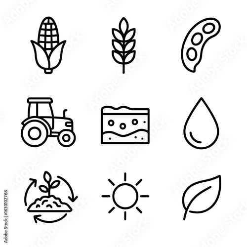 Sustainable Farming Icons. Outline icon set of sustainable crop rotation: corn, wheat, legumes, tractor, soil,