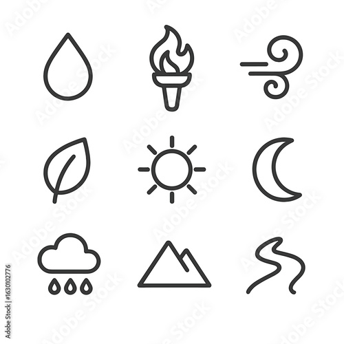 Purification Elements Icons. Outline icon set of purification elements: water droplet, fire torch, wind swirl, earth leaf, sun,