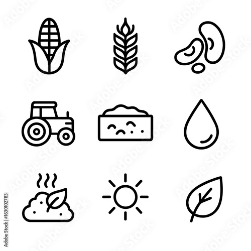 Sustainable Farming Icons. Outline icon set of sustainable crop rotation: corn, wheat, legumes, tractor, soil,