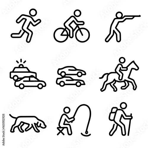 Pursuit Activities Icons. Outline icon set of pursuit activities: running, cycling, hunting, police chase, car racing, horseback
