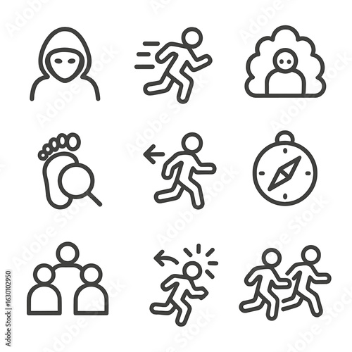 Pursuit Strategy Icons. Outline icon set of pursuit strategies: stealth, sprint, ambush, tracking, evasion, navigation, teamwork,