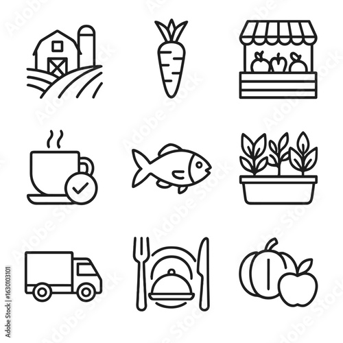 Sustainable Food Icons. Outline icon set of sustainable food sourcing: local farm, organic vegetable, farmer’s