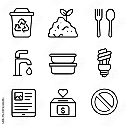 Sustainable Hospitality Icons. Outline icon set of waste minimization in hospitality: recycling bin, compost
