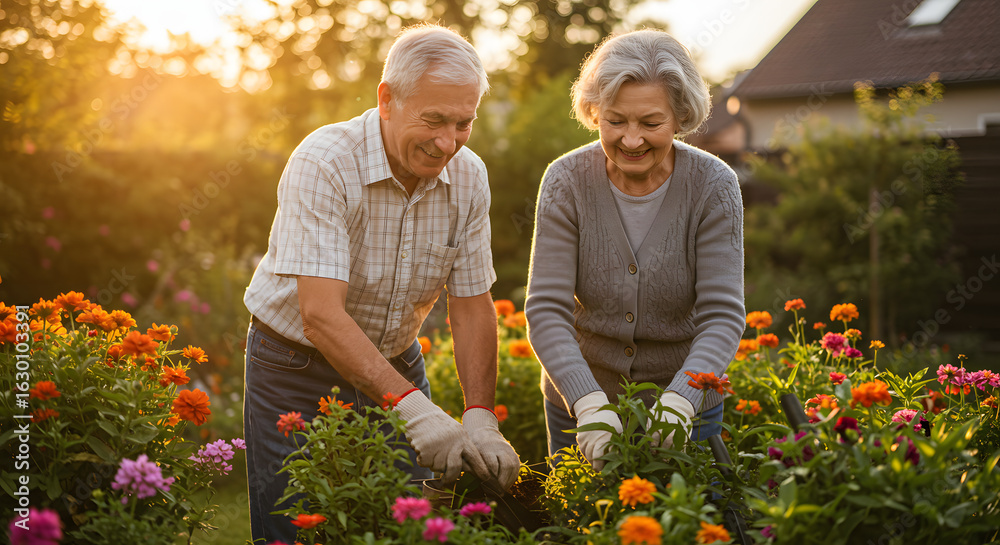 Obraz premium Senior couple gardening flowers happy retirement lifestyle garden care together outdoors flowerbed activity sunlight