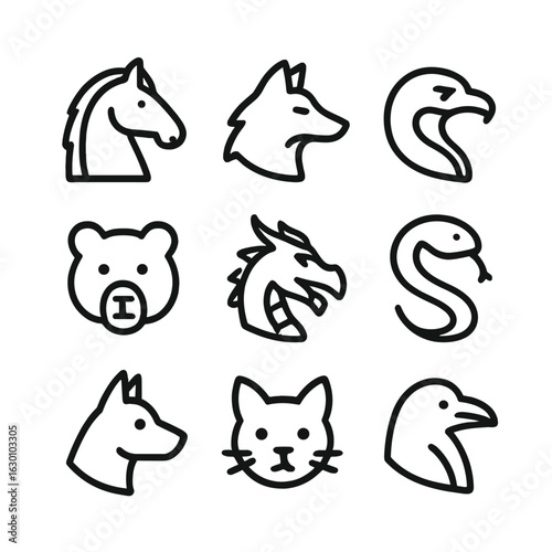 Quest Animal Icons. Outline icon set of quest animals: horse, wolf, eagle, bear, dragon, serpent, dog, cat, raven. Line icons in