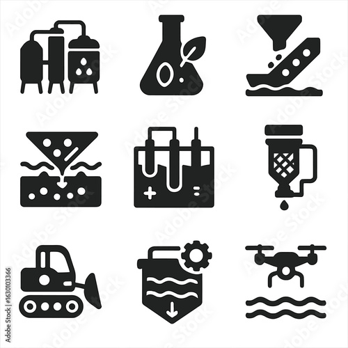 Sustainable Metal Extraction Icons. Solid, filled icons set of metal extraction alternatives: bioleaching vats