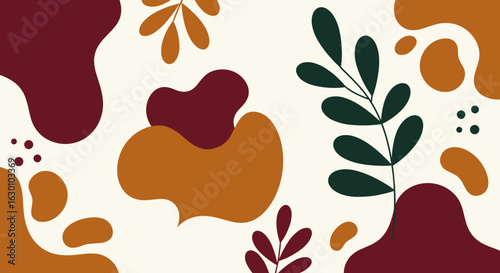 Abstract background with figures and leaves in warm autumn tones on a cream background