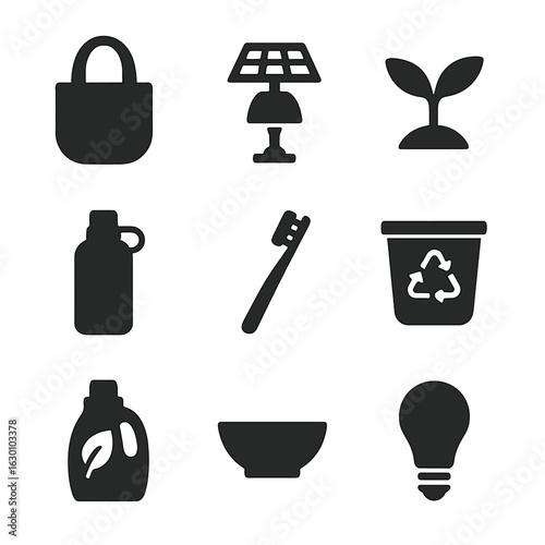 Sustainable Minimalism Icons. Solid, filled icons set of sustainable minimalism habits: cloth grocery bag,